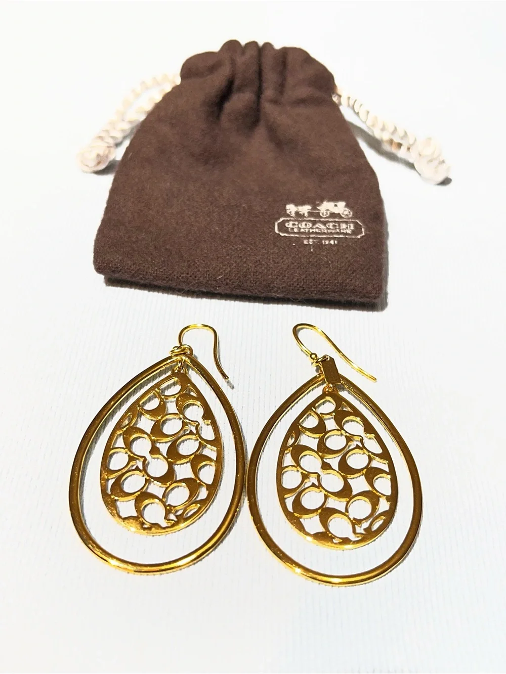 Coach Gold Openwork Teardrop Dangle Earrings - Picture 2 of 5